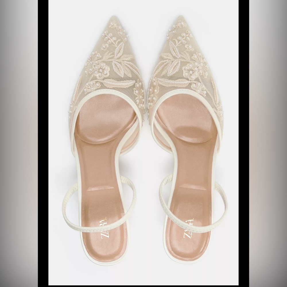 Zara Women's Beige Embroidered Heels